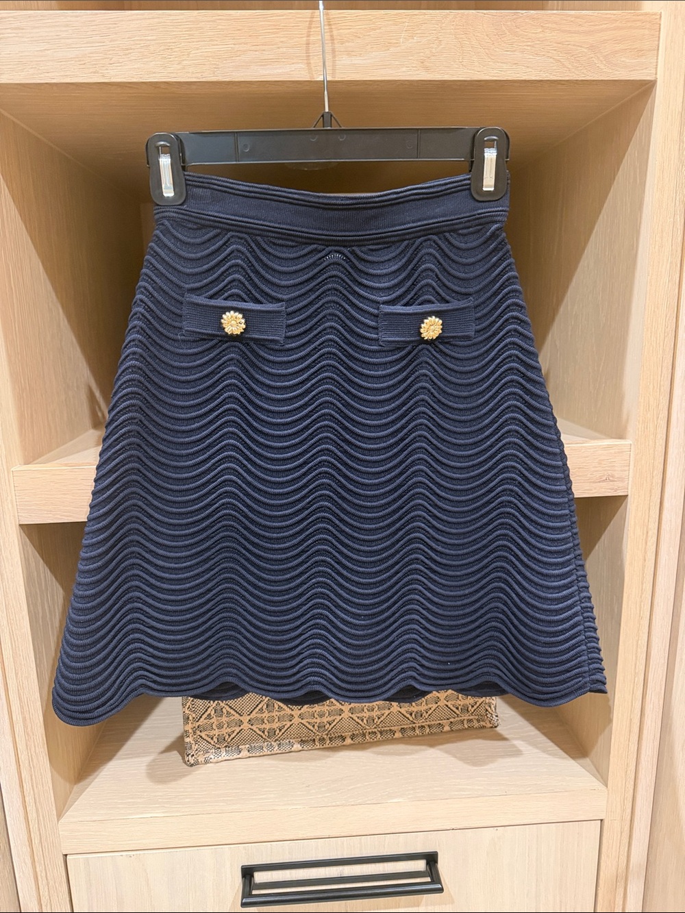 Sandro Navy A-Line Wave-Textured Skirt with Gold Buttons